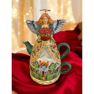 JIM SHORE Angel-Four Seasons 3 Tier Tea Pot Cup Top Angel Christmas